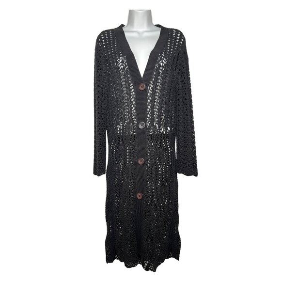 Lafayette 148 Open-Knit Cotton-Blend Duster Cardigan Black Longline Sweater Med - Picture 1 of 9